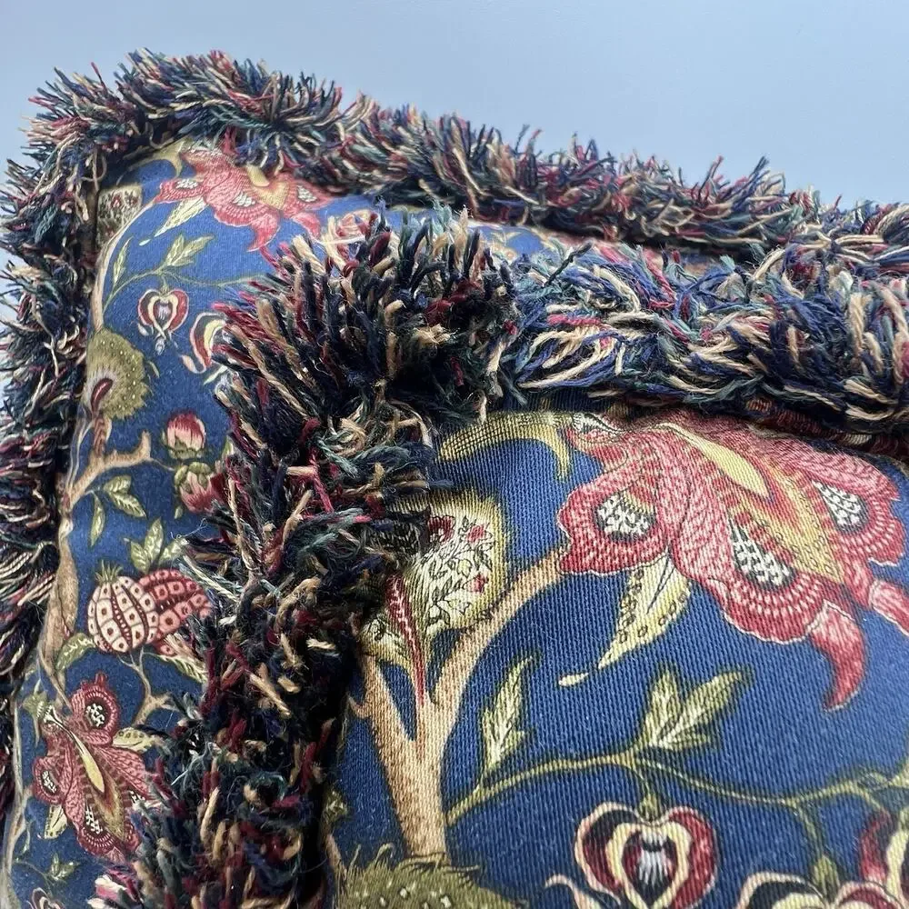Navy Red Gold Floral Monkey Accent Pillows Fringe Square 14